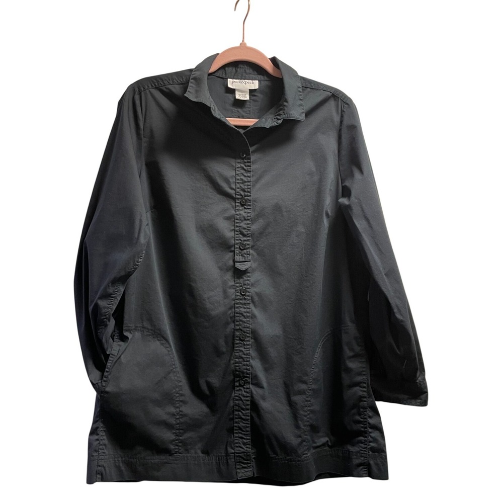 Peck & Peck Top Sz L Black Button-Down Pockets Roll-Tab Sleeves Classic Office